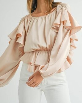 Oatmeal Lace-up Keyhole Back Ruffled Peplum Blouse