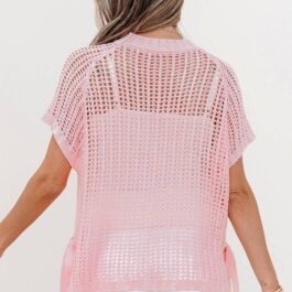Pink Hollow-out Crochet Side Tied Short Sleeve Sweater