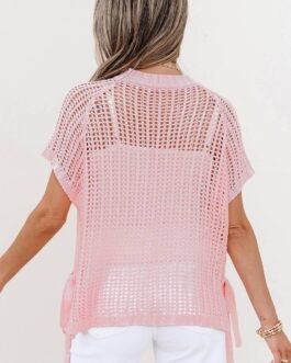 Pink Hollow-out Crochet Side Tied Short Sleeve Sweater