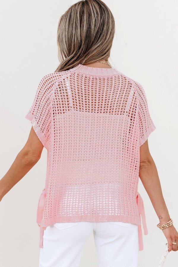 Pink Hollow-out Crochet Side Tied Short Sleeve Sweater - Image 2