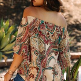 Apricot Paisley Printed Shirred Off Shoulder Ruffled Draped Sleeve Blouse