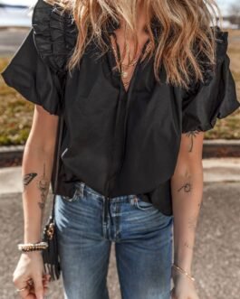 Black Ruffled Puff Short Sleeve Loose Blouse