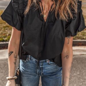 Black Ruffled Puff Short Sleeve Loose Blouse
