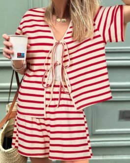 Red Stripe Lace-up Front Top and High Waist Shorts Set