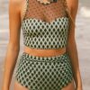 Green Dotted Mesh Plaid Patchwork High Waisted Bikini