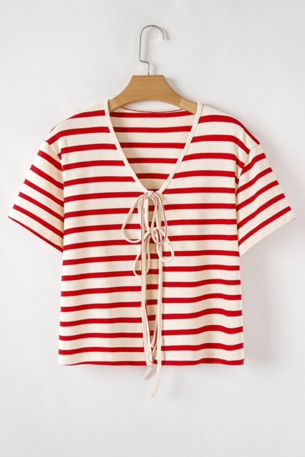 Red Stripe Lace-up Front Top and High Waist Shorts Set - Image 6