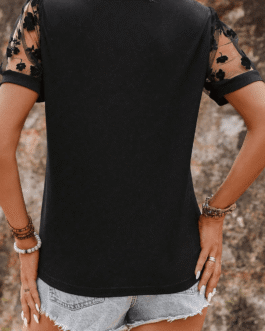 Black Floral Mesh Patchwork Loose V Neck Plus Size T Shirt