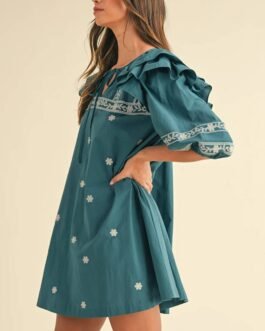 Skobeloff Boho Floral Ruffle Puff Sleeve Lace-up V Neck Mini Dress