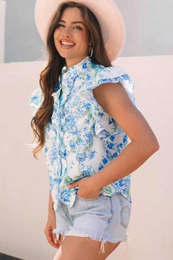 Sky Blue Floral Print Ruffle Sleeve Frilly Button Up Shirt - Image 3