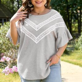 Light Grey Lace Insert Waffle Ruffle Short Sleeve Plus Size Top