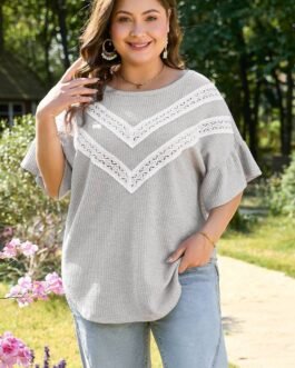 Light Grey Lace Insert Waffle Ruffle Short Sleeve Plus Size Top