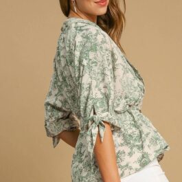 Green Landscape Print Tied 3/4 Sleeve Shirt with Sash