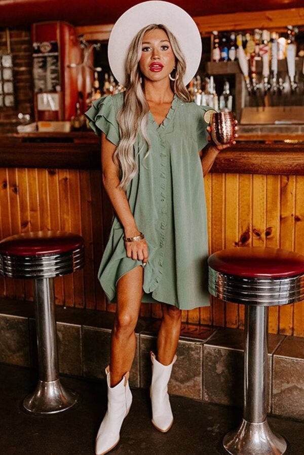 Mist Green Ruffle Sleeve V Neck Frilled Shift Dress - Image 6