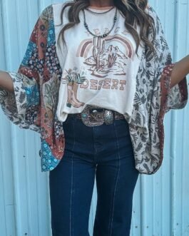 Multicolour Asymmetric Printed Patchwork Sleeve Peace Desert Graphic Top