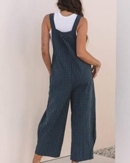 Sail Blue Plaid Print Buttoned Pocketed High Waist Overall