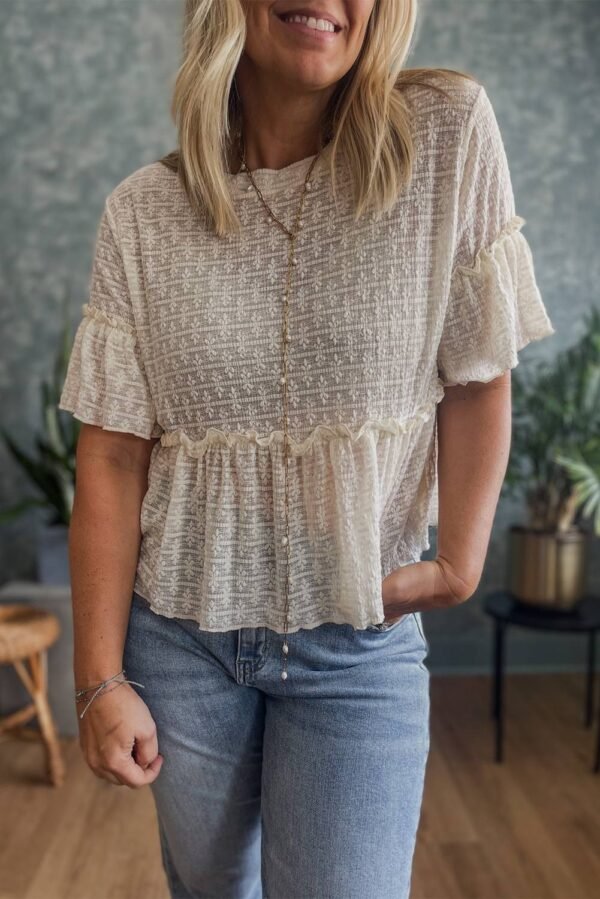 Beige Solid Color Textured Ruffled Short Sleeve Blouse - Image 7