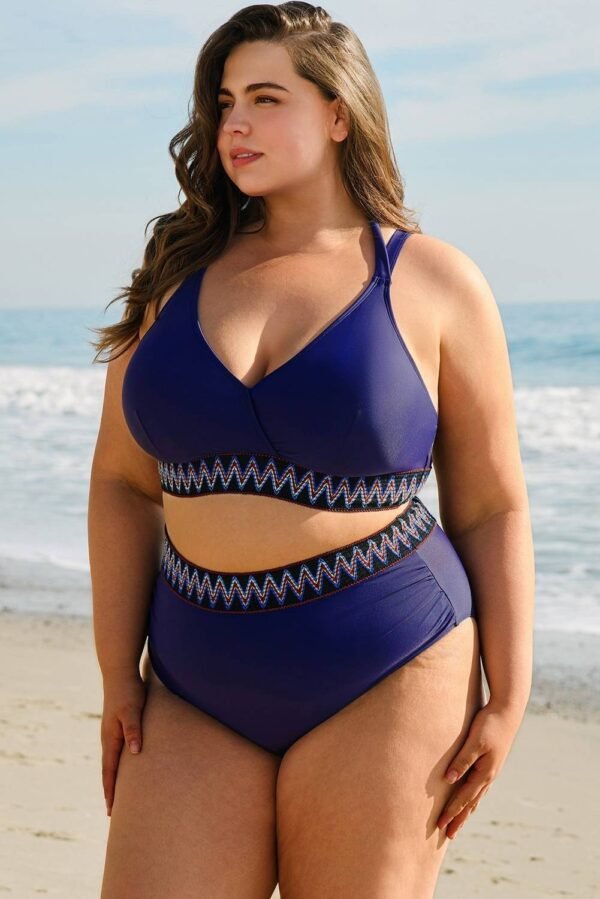 Navy Blue Embroidered Trim Wrap Tie Knot Plus Size High Waisted Bikini - Image 5