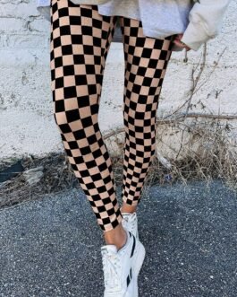 Khaki Checkered Pattern High Waist Skinny Leggings