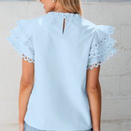 Beau Blue Layered Ric Rac Cap Sleeve Filled Neck Blouse