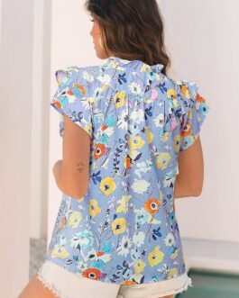 Sky Blue Flutter Sleeve V Neck Floral Top
