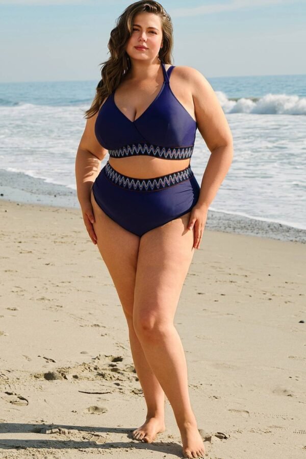Navy Blue Embroidered Trim Wrap Tie Knot Plus Size High Waisted Bikini - Image 7
