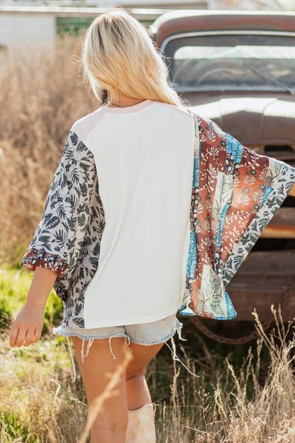 Multicolour Asymmetric Printed Patchwork Sleeve Peace Desert Graphic Top - Image 3