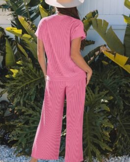Bright Pink Solid Corded Knit Short Sleeve T Shirt and Wide Leg Pants Set