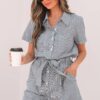 Blue Stripe Chest Pockets Buttoned Belted High Waist Romper