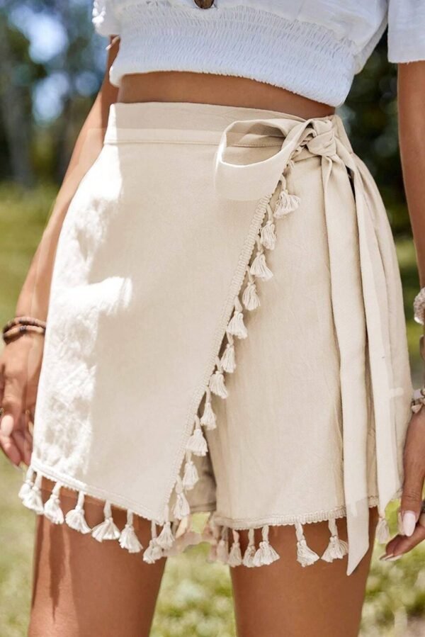 Apricot Tassel Trim Wrap Knot Side Bohemian Style Mini Skort - Image 5