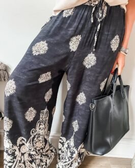 Black Bohemian Printed Drawstring Waist Wide Leg Pants