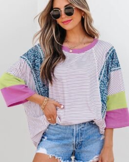 Purple Stripe Floral Color Block Raw Edge Patchwork Bracelet Sleeve Blouse