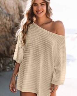 Apricot Textured Knit Drop Shoulder Short Sleeve Sweater