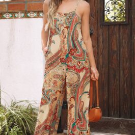 Red Paisley Printed Spaghetti Straps Elegant Wide Leg Jumpsuit
