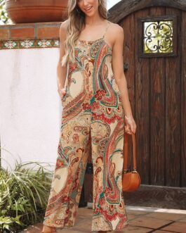 Red Paisley Printed Spaghetti Straps Elegant Wide Leg Jumpsuit