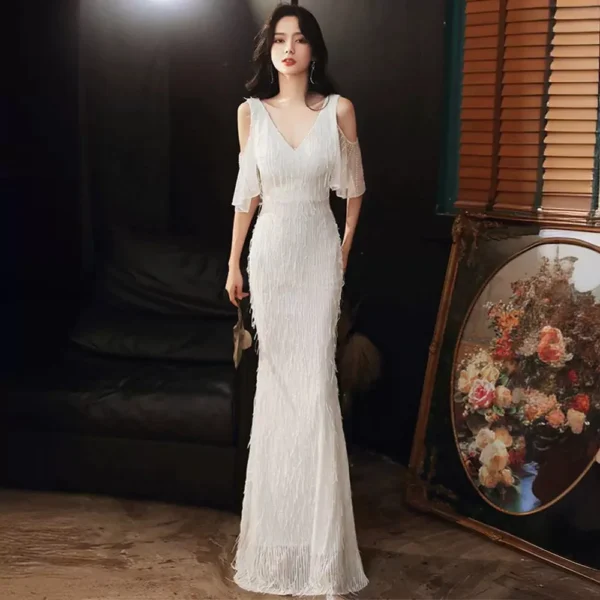 White Engagement Temperament Sweet Fishtail Evening Dress - Image 6