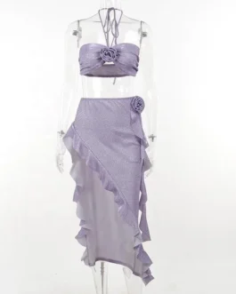 Slim Fit Glittering Fabric Halter Top and Two Piece Skirt Set
