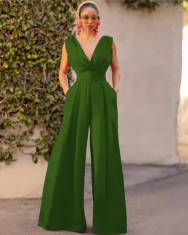 Summer New Solid Color Slim Sleeveless V-Neck High Waisted Jumpsuit