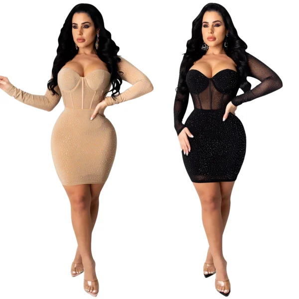 Luxury Rhinestone Slash Neck High Waist Lady Sparkly Mini Pencil Dresses - Image 6