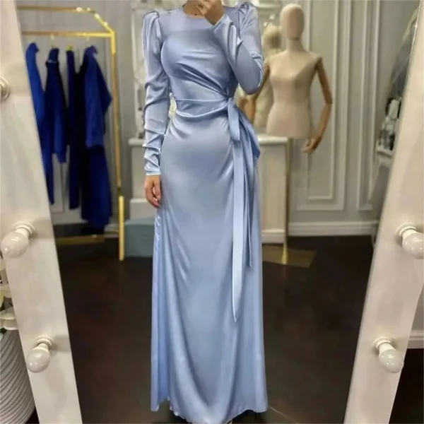 Drawstring Waist Slim Irregular Slit Solid Color Long Sleeve Elegant Dresses - Image 3
