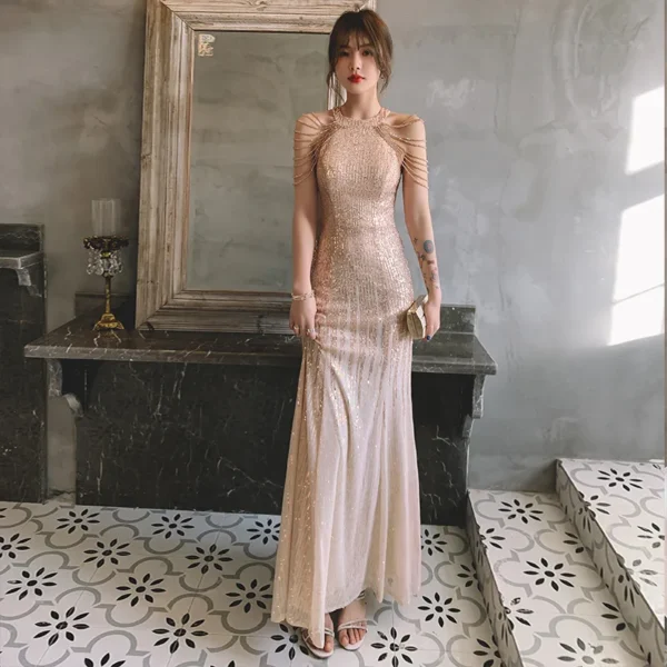 Halter Neck Tassel Long Fishtail champagne Gold Evening Dress - Image 5