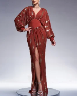 High-End Long Sleeve Temperament V-Neck Sexy Long Sequin Banquet Evening Dress