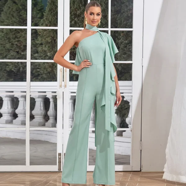 Halter Slim Short-sleeved Off-the-shoulder Irregular Casual Long Straight Jumpsuit