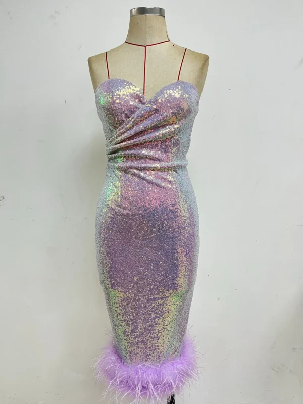 Elegant Sequin Lavender Strapless Feather Evening Party Dress - Image 4