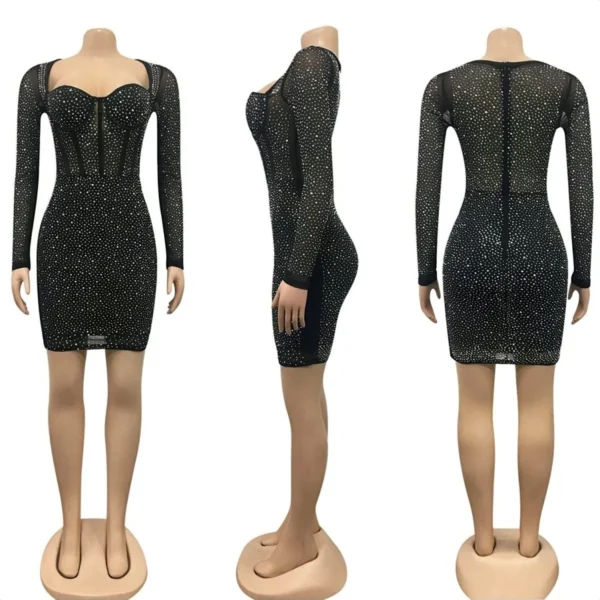 Luxury Rhinestone Slash Neck High Waist Lady Sparkly Mini Pencil Dresses - Image 5