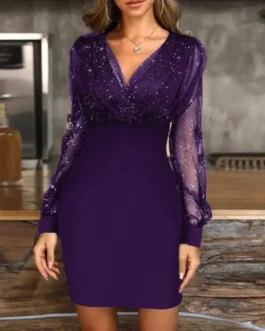 Mesh V-Neck Sequin Gown Slim Sexy Women’s Dresses