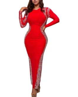 Solid Color Crew Neck Long Sleeve Backless Slit Bodycon Dress