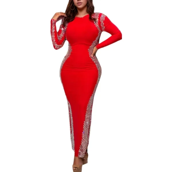 Solid Color Crew Neck Long Sleeve Backless Slit Bodycon Dress - Image 2
