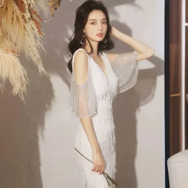 White Engagement Temperament Sweet Fishtail Evening Dress - Image 3