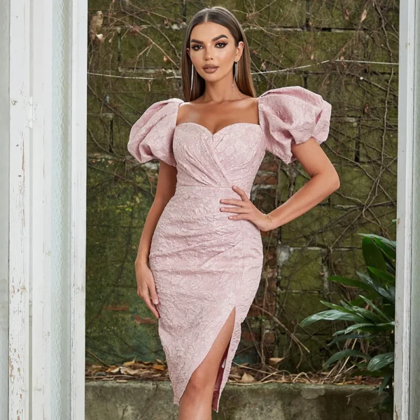 Pink Jacquard Elegant Dresses For Women - Image 4