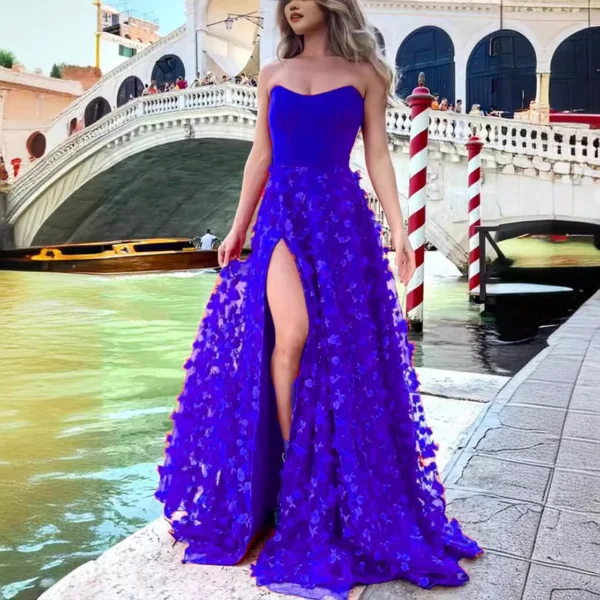Mesh 3D Flower Tie Sexy Elegant Women's Banquet Dresses - Image 2